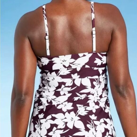 NWT Kona Sol Women's Scoop Neck Adjustable Padded Tankini Top Burgundy Floral - Picture 4 of 10